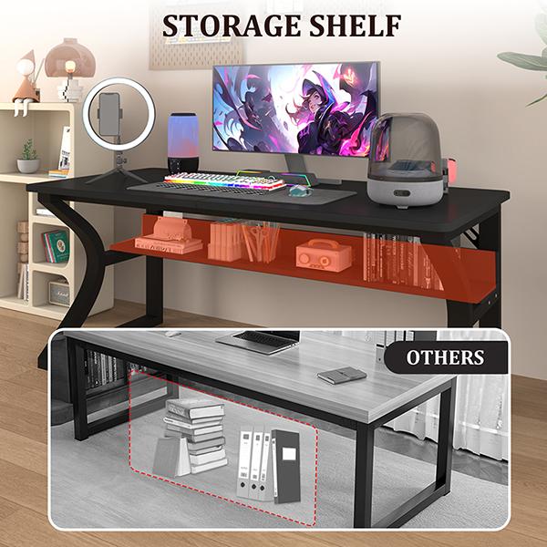 Computer Desk, Computer Desk 55/47in, Office Desk w/Metal Frame & Storage, Office Desk for Study Writing Work Game, Home Office Desk Computer Desks w/Waterproof & Scratch-Resistant Surface, Black