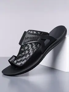 Men's Summer New Sandals, Letter Print Straw Texture, Trendy Anti-Slip Thin Sole, Casual Beach Shoes, Fashionable and Comfortable