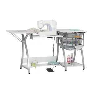 Pro Stitch Sewing Machine, Hobby and Computer Table with Folding Top, Height Adjustable Platform, and Storage, Silver / White 13381