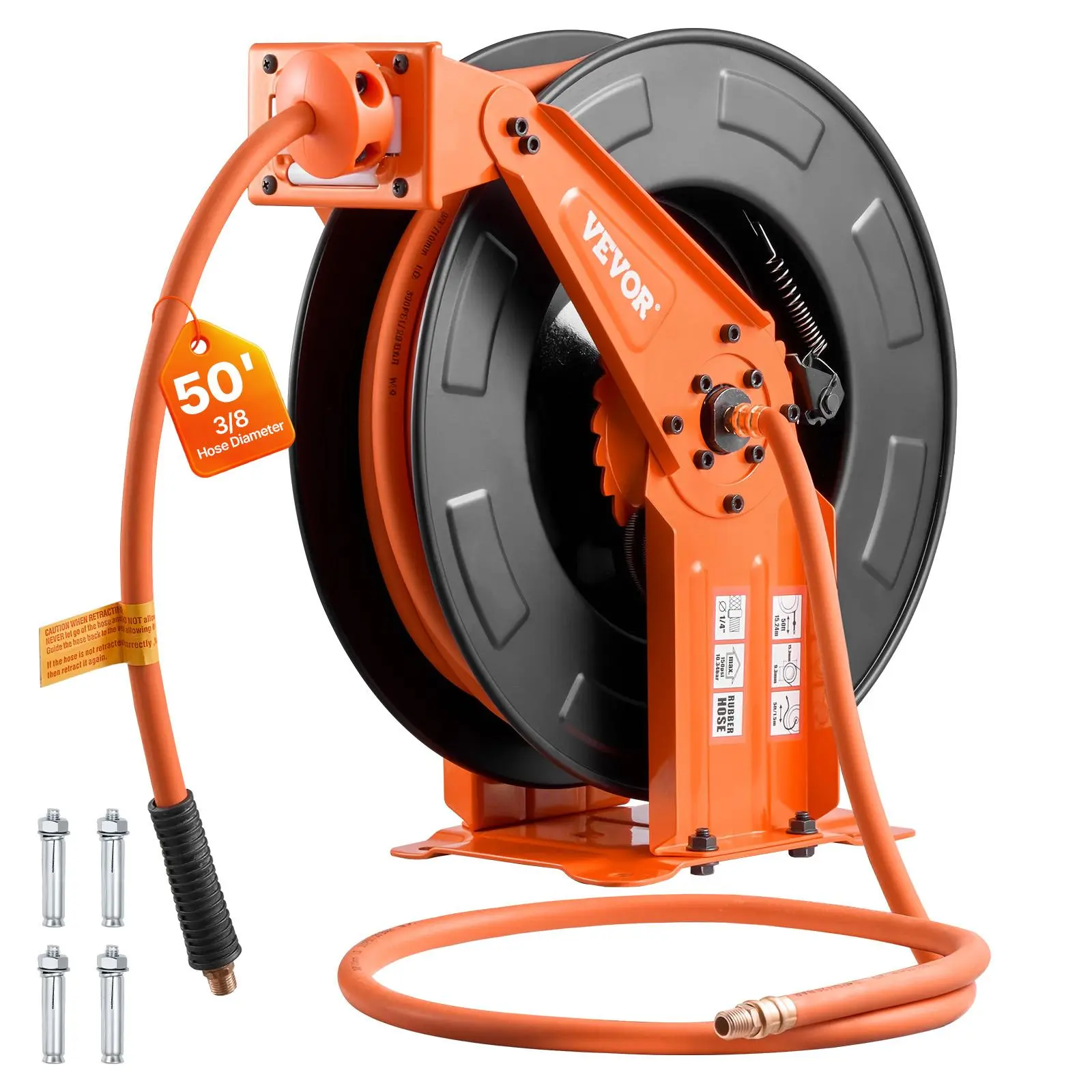 【Summerfinds】VEVOR Retractable Air Hose Reel, 3/8 Inch x 50 FT Rubber Air Hose Max 300PSI, Auto Rewind Air-Compressor Hoses Reel with 5 ft Lead in, Ceiling/Wall Mount Heavy Duty Steel Double Arm