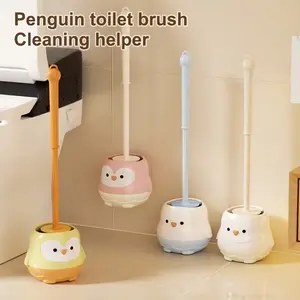 Cute Cartoon Penguin Toilet Brush Set, Wall-Mounted Long Handle Bathroom Cleaner with Holder, Home No-Dead-Angle Brushes, Cleaning Tool