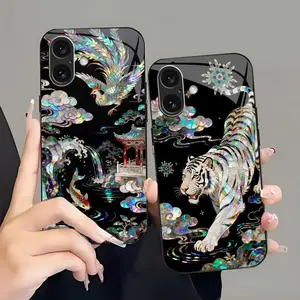 Luxury mother of pearl case with gold foil and mythical dragon design, iridescent holographic cover for iPhone 17/16/15/14/13 Pro Max and Samsung S26/S25/S24 — 975