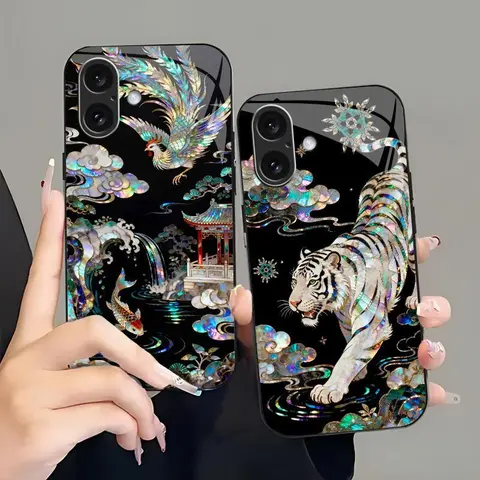 Luxury Mother of Pearl Smartphone Case - Gold Foil, Mythical Dragon Design, Iridescent Holographic Cover for iPhone 17/16/15/14/13 Pro Max, Samsung S26/S25/S24 - Handheld Cellphone Protection for Devices 985
