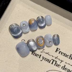 [Haze] Short Square Handmade Press on Nails, Fake Nails with Nail tool kit with Jelly Stickers, Reusable, Durable