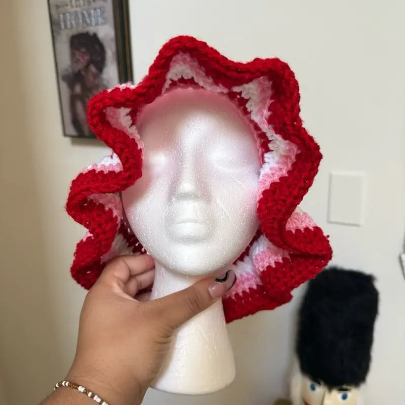 Valentines Crochet Bucket Hat - Red with Ruffled Design, Ideal for Holiday Celebrations
