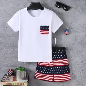 Ready Stock Kid Boys 4th of July Outfits Fake Pocket Casual T-shirt Elastic Stars and Stripes Shorts 2Pcs Independence Day Clothing From 7Y-15Y White 462312039 Fashion