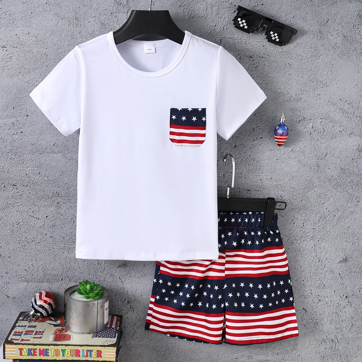 Ready Stock Kid Boys 4th of July Outfits Fake Pocket Casual T-shirt Elastic Stars and Stripes Shorts 2Pcs Independence Day Clothing From 7Y-15Y White