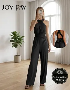 JOYPAY Lady's Chic Fitted Sleeveless Black Halter Overall Pants - Cross Neckline, Waist Wrap Detail, Soft Breathable Fabric, Stylish Jumpsuit with Accessories for Evening, Special Occasions, Women, Style