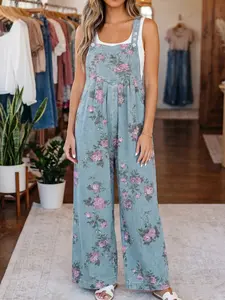 Women's Floral Denim Overalls Wide Leg High Waisted Jumpsuits Casual Sleeveless Rompers with Pockets