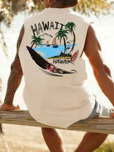 Summer Men's Letter Coconut Tree Print Round Neck Sleeveless T-Shirt, Casual Fitted Vest, Outdoor Street Fashion