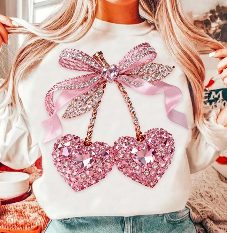 [Valentine Collection] Women’s Pink Heart Cherry Bow Sweater – Sparkling Rhinestone Graphic Sweatshirt, Soft Long Sleeve Pullover, Perfect Valentine’s Day Gift, Gift for Her