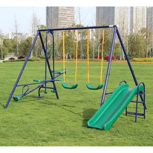 4 in 1 Swing Set With Seesaw, Belt Swing, Slide, Glider for Backyard，Swing Set forBackyard, Heavy-Duty A-Frame Stand OutdoorPlayset for Kids, with Saucer Swing, Slide, SwingSeats, Glider Set#Summervibes