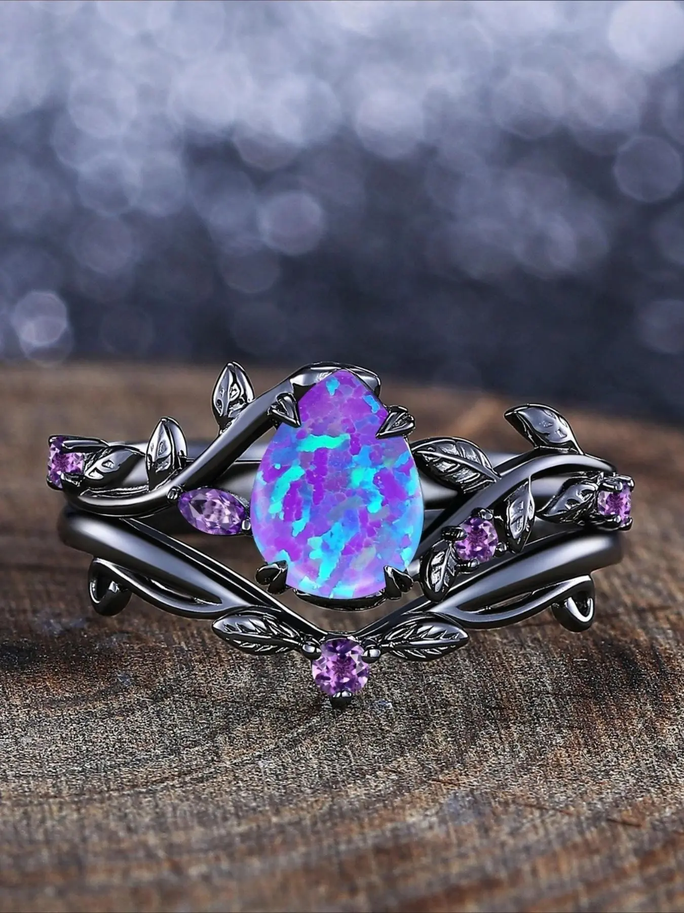 2pcs Vintage Pear Purple Imitation Opal Engagement Ring Set Leaf Design Black Golden Cluster Ring Anniversary Gifts Women Bridal Promise Ring Gift for Her Daily Vacation Casual Ring Beautiful Rings, Vintage Rings Jewelry