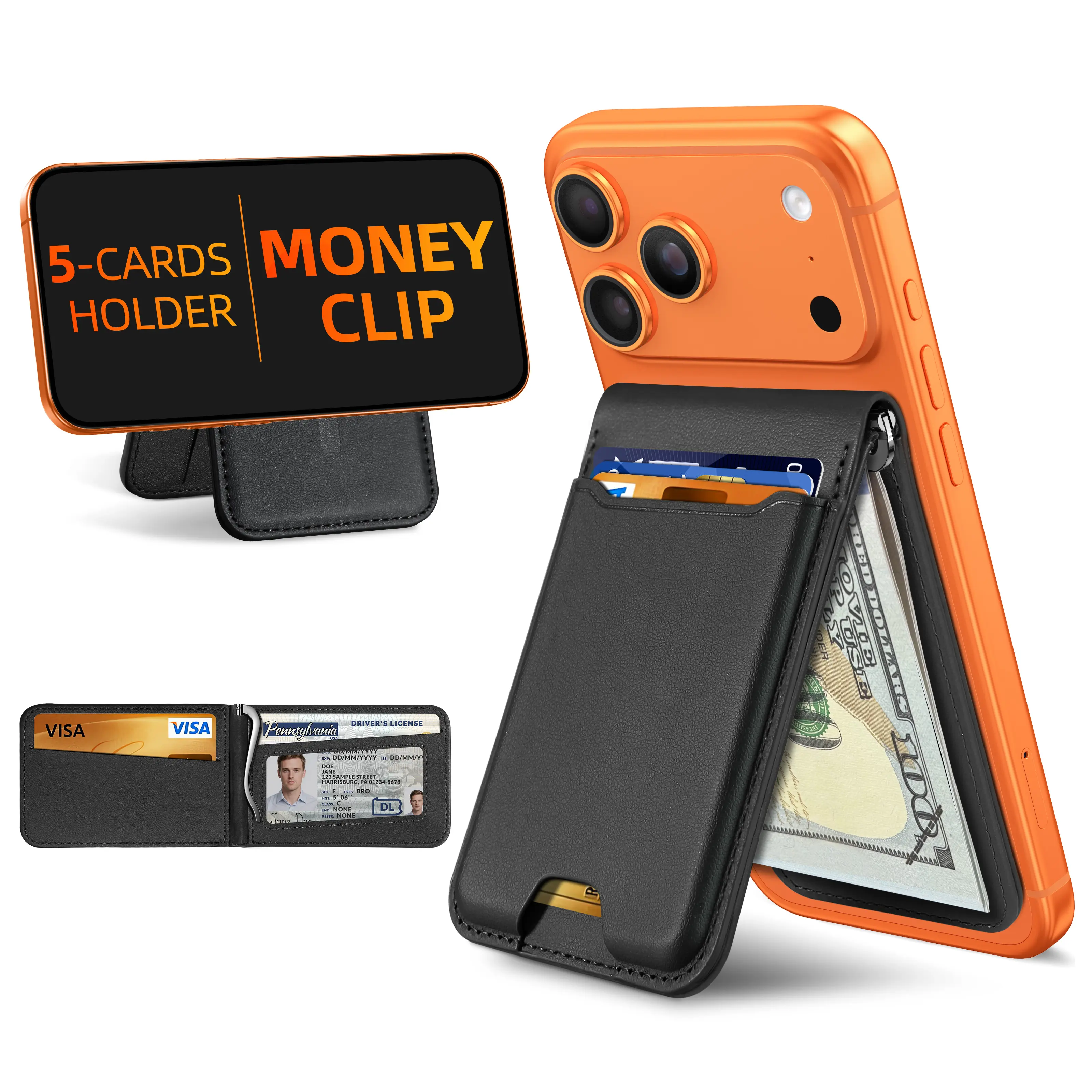 Magnetic Wallet with Money Clip, Strongest Magnetic Wallet for iPhone 17/16/15/14/13/12 Series, Adjustable Stand, ID Window, 5 Card Holder, Vegan Leather SummerWins