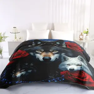 Rose Flower and Wolf Pattern Bedspread, Super Soft Microfiber, Comfortable Bedding, All Seasons Home Use, Perfect Holiday Gift