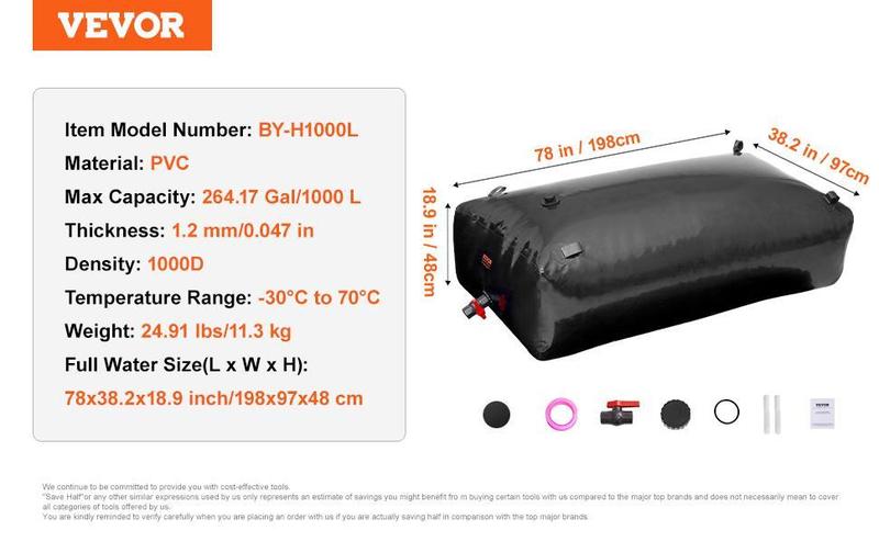 VEVOR Water Storage Bladder, TikTokShopBlackFriday, Max. 1000L/264 Gallon RV Water Tank, 1000D PVC Collapsible Water Storage Containers, Large Capacity Soft Water Bag, Portable Water Bladder, Fire Prevention, Camping, Emergency