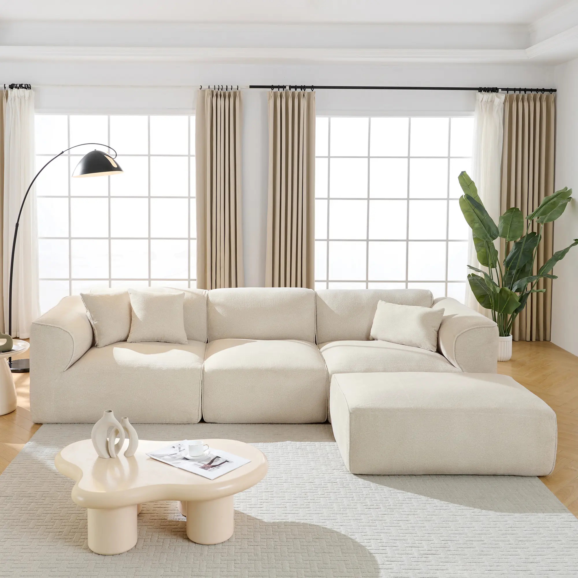 Double-Needle Cut Velvet Sofa Set, 4-Seater, Beige Polyester, Ottoman & 3 Pillows Included, High-Density Sponge Cushions, Spring Support, No-Assembly Living Room Furniture