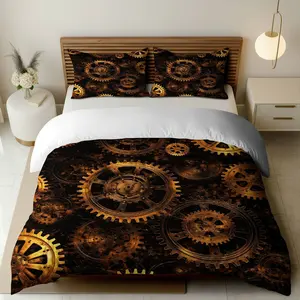 3PCS Duvet Cover Set, 1 Duvet+2 Pillowcases(Without filler), Steampunk Industrial Gear Clockwork Machine theme, Thanksgiving bedding set, Copper Print Suitable for decoration bedroom dorm room guest room studio.