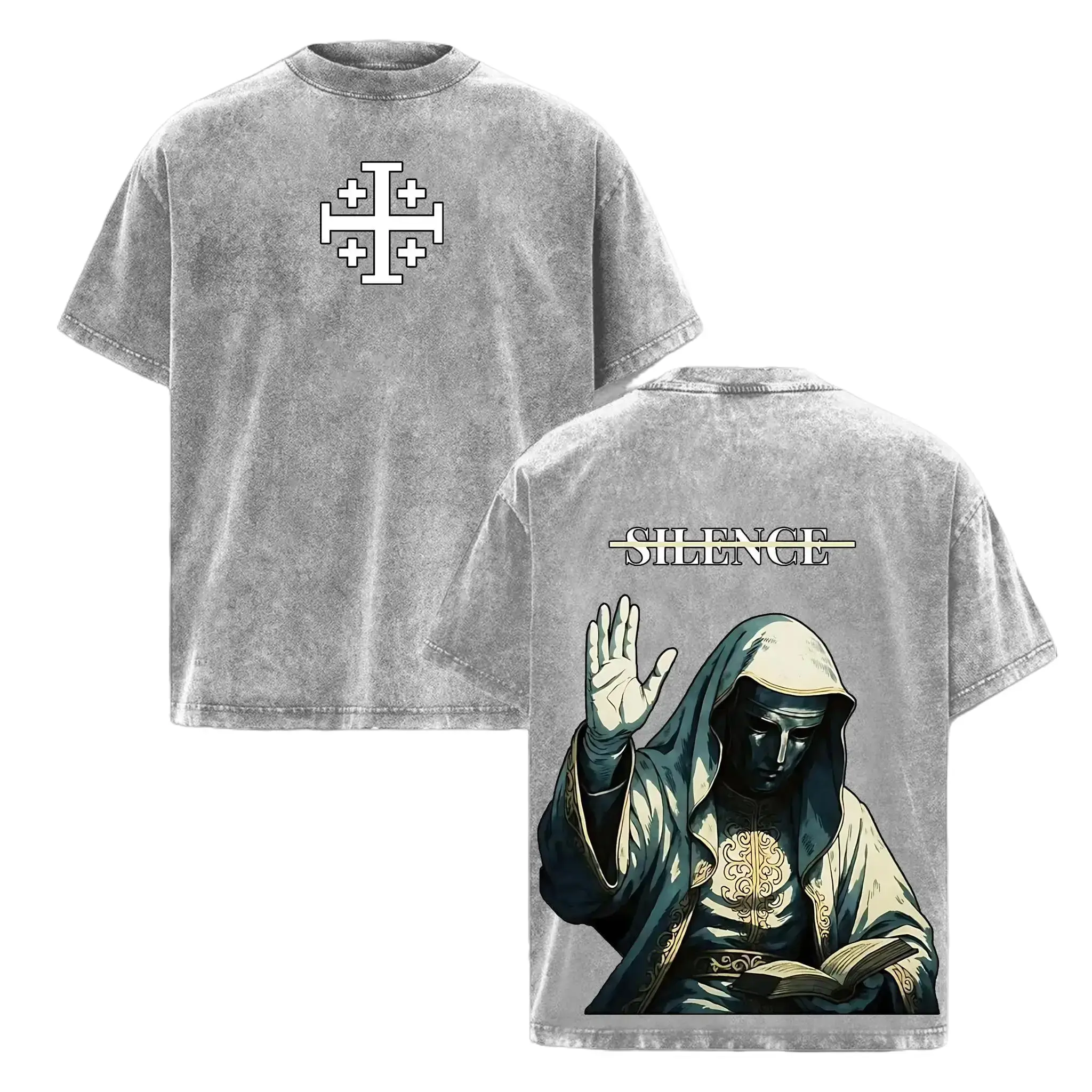 Men's Oversized Round Neck Shortleeve Graphic T-Shirt - Vintage Baldwin IV "Leper King" Print, 230gsm Heavyweight Cotton Crusader Streetwear Top, Retro Casual Relaxed Fit, 2XL, Cold Wash