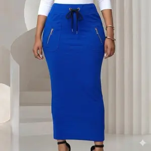 Women's Casual Stretch Mid Rise Long Denim Skirt with Drawstring A Line Streetwear Bottom Basic Cotton Fabric Pull On Mid-Length