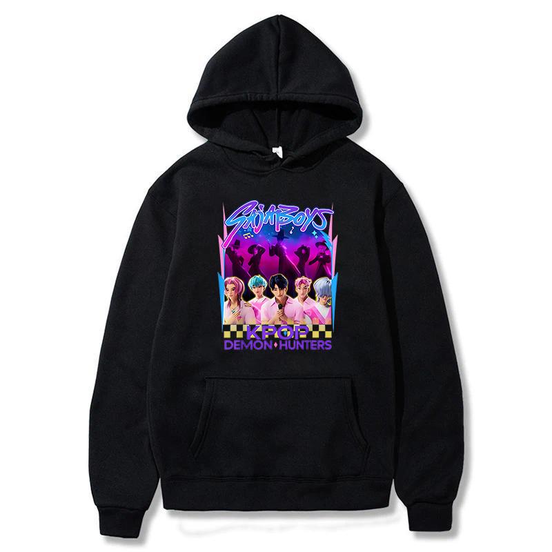 Neon Demon Hunters Kpop Inspired Hoodie Black Oversized Pullover with Streetwear Graphic Trendy Unisex Sweatshirt for Kpop Fans & Urban Style Lovers