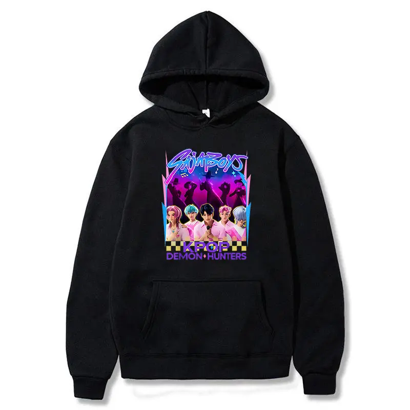 Neon Demon Hunters Kpop Inspired Hoodie Black Oversized Pullover with Streetwear Graphic Trendy Unisex Sweatshirt for Kpop Fans & Urban Style Lovers