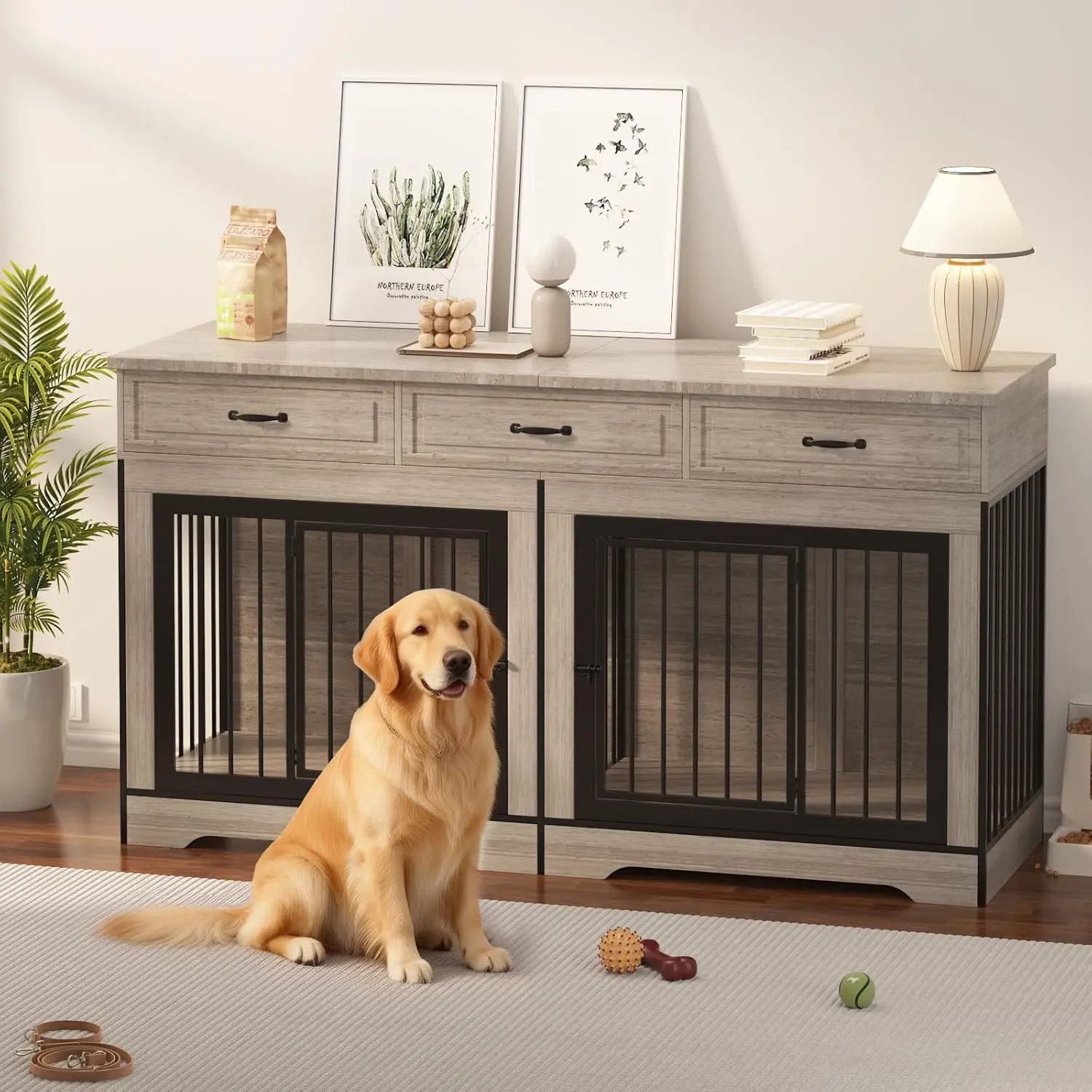 XL Dog Crate Furniture for 2 Dogs, Heavy Duty Double Dog Crates with 3 Drawers for Medium/Large Dogs, Dog Kennel Furniture Indoor As TV Stand, Extra Large 70.9" L*23.6" W*38.58" H