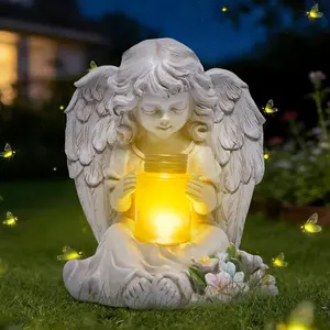 Solar Angel Garden Statue with Lighted Wishing Jar,  Outdoor Guardian Angel Figurine,  Lawn Yard Patio Decor, Memorial Sympathy Sculpture for Porch Backyard