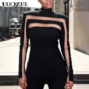 Long Sleeves Skinny Mesh Solid Color Split-Joint High Neck T-Shirts Tops Black Pleated Blouse Sexy Womenswear
