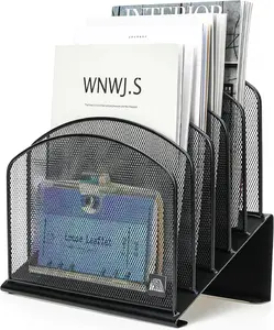 Inclined Desk File Organizer, 5-Section Vertical File Folder Holder Stand Metal Rack File Sorter for Office Classroom Desktop Organization (Black, 1Pack)