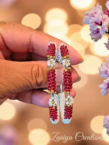 Zaniya Creations Daisy Red White Hoop Earrings with Bead Detailing and Floral Design