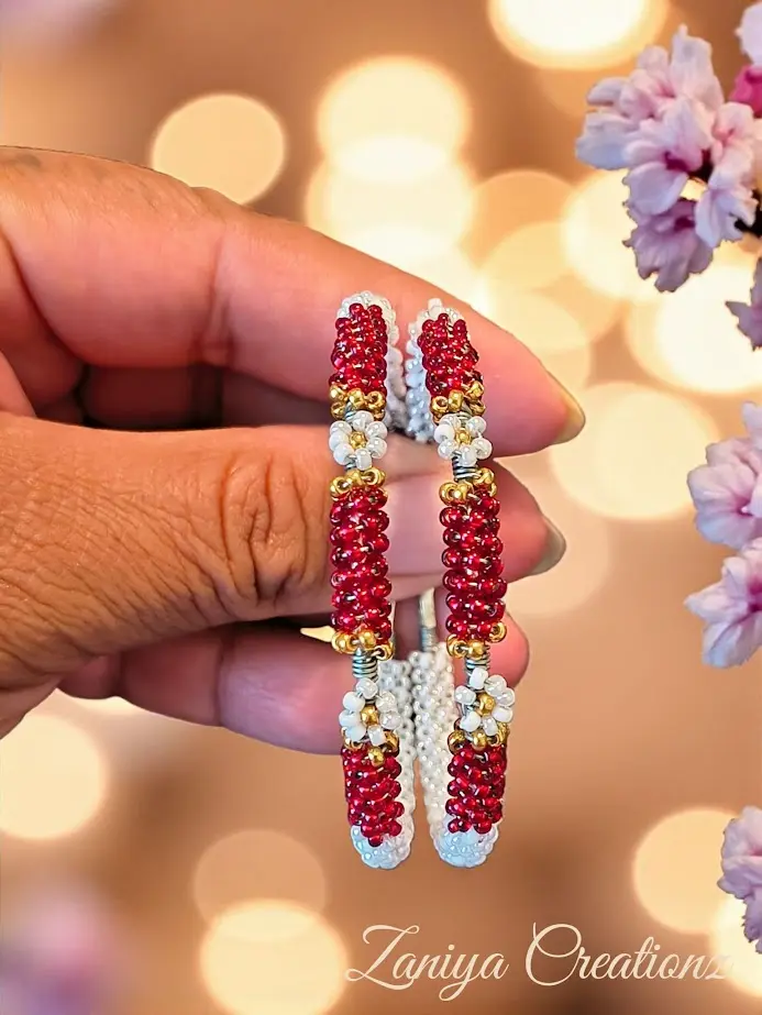Zaniya Creations Daisy Red White Hoop Earrings with Bead Detailing and Floral Design