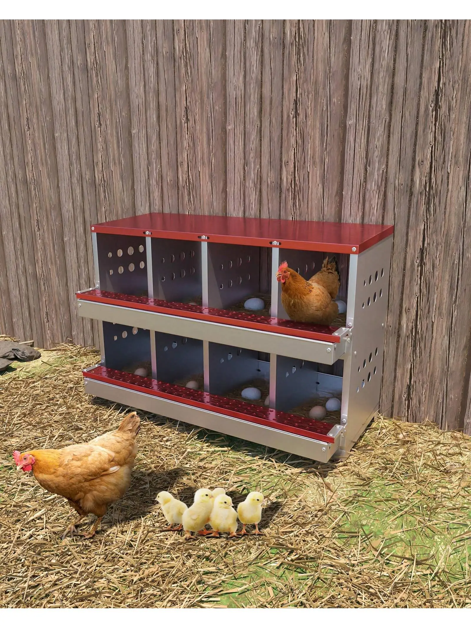 Metal Chicken Nesting Box For Laying Eggs, Rustproof Wall-Mountable Roll Away Chicken Laying Boxes For Hens, Waterproof, Ventilated With Perch, 8 Comp