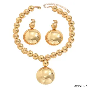 UVPYRUX Fashion Women's Jewelry Set Gold Metal Bead Necklace with Pendant & Earrings for Stylish Outfits Elegant Gold Beads Complete Set