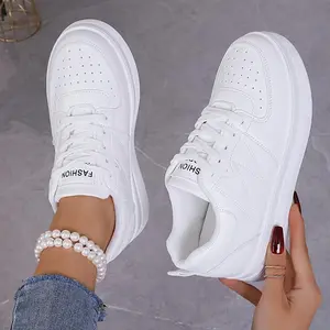 Stylish ComfortFit Platform Sneakers - Fashion Sneakers with Breathable Low Top Design, Casual Lace Up Closure, and Soft Cushioning for Outdoor Activities - Perfect for Daily Wear Women Girl Runner White