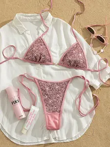 Women's Fashion Sexy Bikini Swimsuit, Sparkling Sequins Fabric Two-Piece Set, Perfect for Beach Vacation Pool Party, Beach Bathing Suit