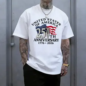 United States 250th Anniversary Patriotic T-Shirt, Men’s White Crewneck with American Flag Graphic, Perfect for Independence Day and Street Style