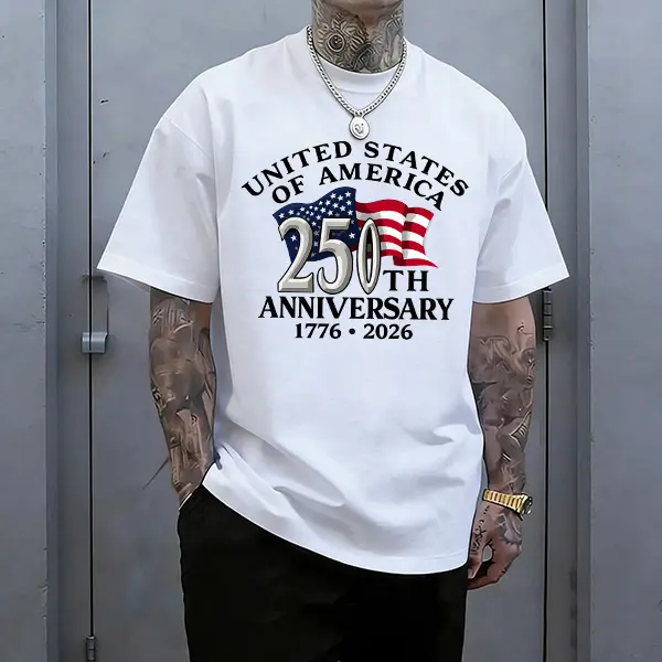 100% Cotton United States 250th Anniversary Patriotic T-Shirt, Men’s White Crewneck with American Flag Graphic, Perfect for Independence Day and Street Style