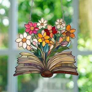 Flower Book Suncatcher, Floral Library Books Acrylic Window Hanging Decor, Stained Glass Style Book Lover Gift, Book Club Gift, Librarian Gift, Aesthetic Reading Room Decor, Home Window Art