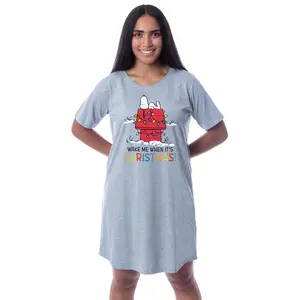 Peanuts Womens' Snoopy Wake Me When It's Christmas  Doghouse Lights Nightgown Sleep Pajama Shirt