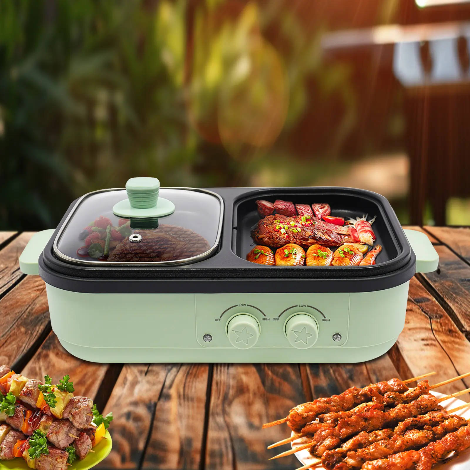 CNCEST 2-in-1 Multifunctional Cooker Steamboat Pan - 1300W Electric Hot Pot with Grill, Dual Heating Zones, Independent Controls, Food-Grade Aluminum Alloy, Non-Stick Coating, Compact Portable Kitchen Appliances