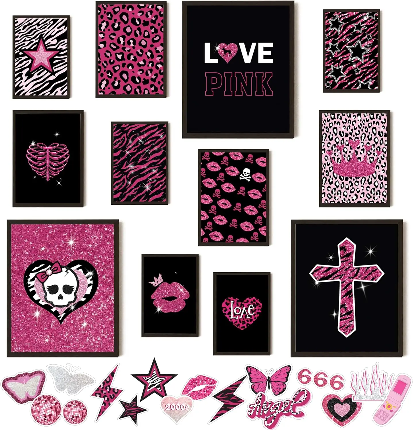 12-Pcs Colorful Retro Y2K McBling Wall Art Poster Set, Multi-Size Hot Pink Cardstock Prints for Teen Rooms Bedroom Decoration