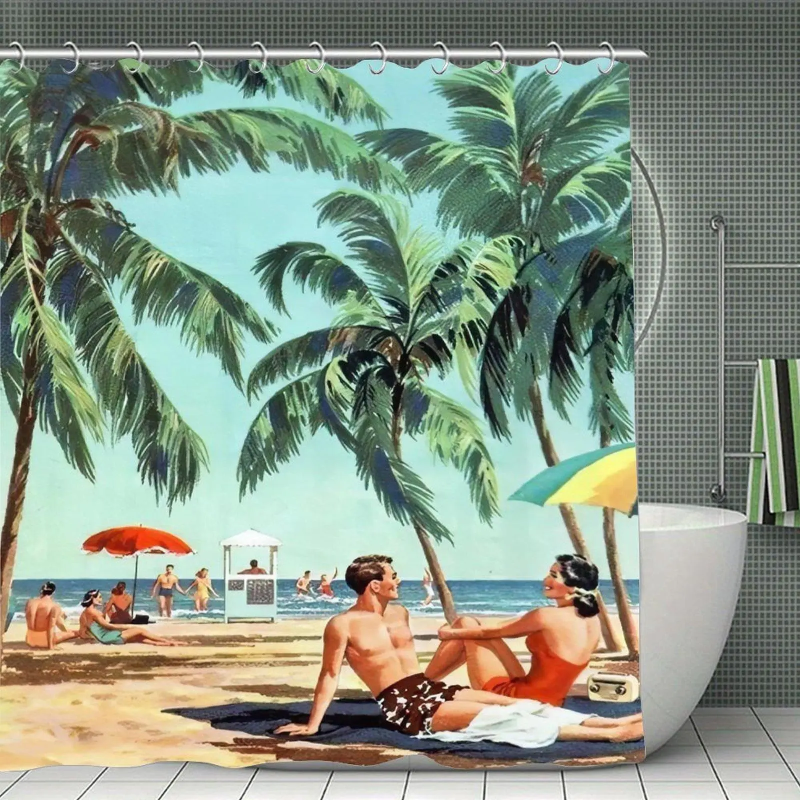 Vintage Retro Tropical Palm Tree Summer Beach Vacation Illustration Waterproof Shower Curtain