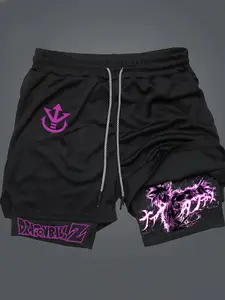 Anime Prints 2-In-1 Drawstring Waist Shorts, Quick-Dry Swim Trunks, Loose Fit with Pockets, Ideal for Summer & Workout Wear, Shorts Men