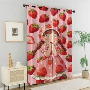 Adorable Lolita Style Strawberry Girl Curtains, Whimsical Strawberry Princess Curtain, Sweet Fairy Strawberry Girl Curtain, Cute Cartoon Girl with Strawberries & Polka Dots Print, Perfect Gift for Girls Bedroom Decor & Birthday Gifts