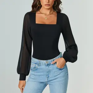 Avidlove Women Puff Long Sleeve Bodysuit Mesh Square Neck Thong Sexy Body Suits Double Lined Leotards