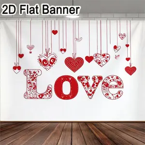 2D flat banner, 1pcRed Love & Hearts Valentine's Day Backdrop, Romantic Heart Decor String Banner for Valentine's Party, Festive Affectionate Decorations