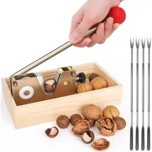 Heavy Duty Adjustable Nut Cracker with Wooden Base, Manual Nut Tongs Tool for All Nuts Including Walnut Pecan Macadamia Hazelnuts Chestnut, 4 Picks Included