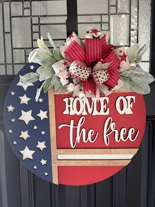 Home of the Free Patriotic Door Hanger – 18” Wooden American Flag Front Door Decor with Bow