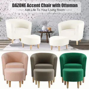 Sherpa Accent Chair With Ottoman Fluffy Teddy Upholstered Barrel Armchair Footrest Set for Comfortable Living Room, Bedroom & Reading Room furniture